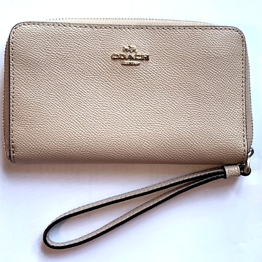 Coach Beige Crossgrain Leather Phone Wristlet